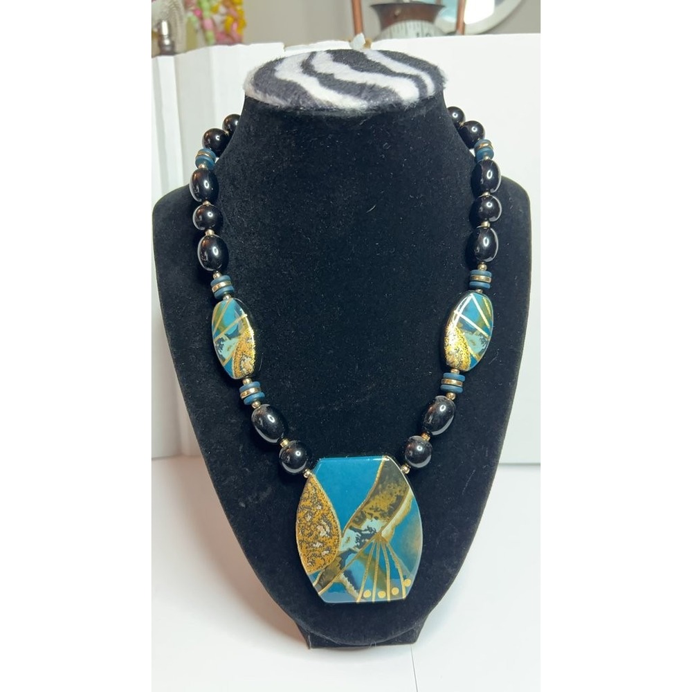 Vintage Ceramic and Bead Necklace with Abstract Design
